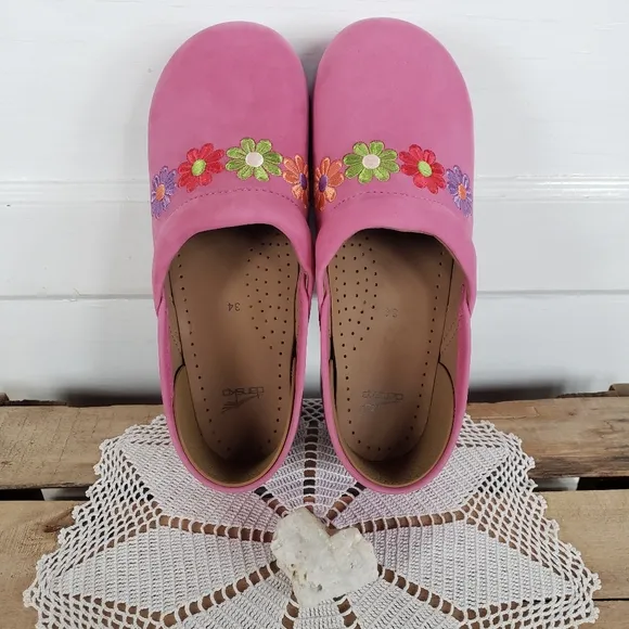 Flower Power Dansko Pro Clog Pink  Embroidered Nubuck Suede Girls Boho EU 30 35