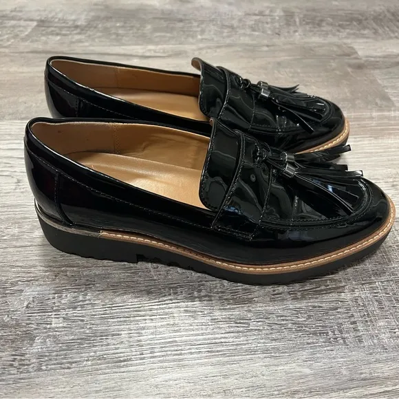 Franco Sarto Black Tassel Loafers Carney Slip On Lug Sole Size 9.5