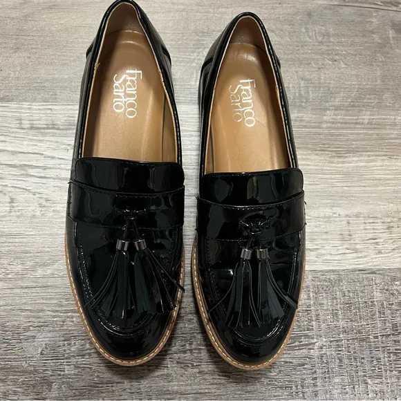 Franco Sarto Black Tassel Loafers Carney Slip On Lug Sole Size 9.5