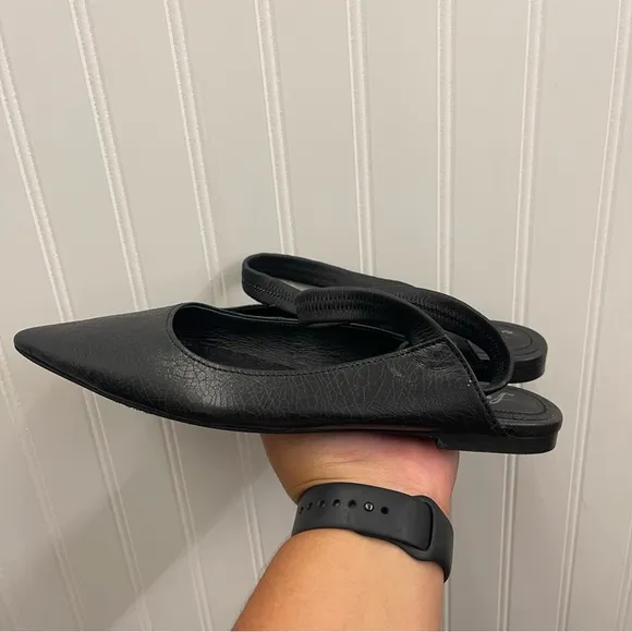Free People Black Pointy Toe Leather Flats Elastic Ankle Straps Sz 37