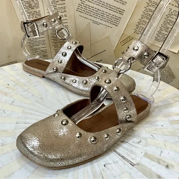 Free People Camilla Mystic O Ring Flats Ankle Strap Studded Champagne Foiled