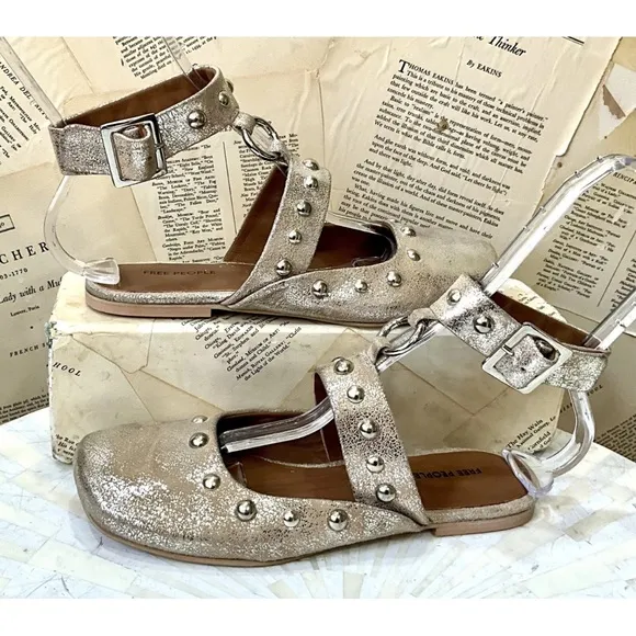 Free People Camilla Mystic O Ring Flats Ankle Strap Studded Champagne Foiled