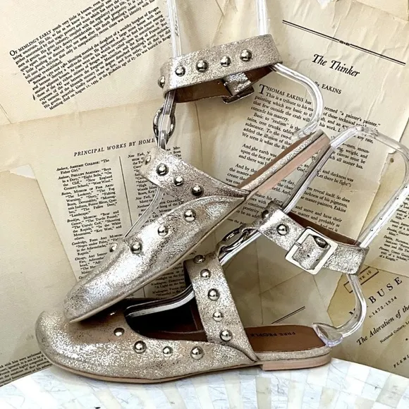 Free People Camilla Mystic O Ring Flats Ankle Strap Studded Champagne Foiled