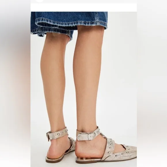 Free People Camilla Mystic O Ring Flats Ankle Strap Studded Champagne Foiled