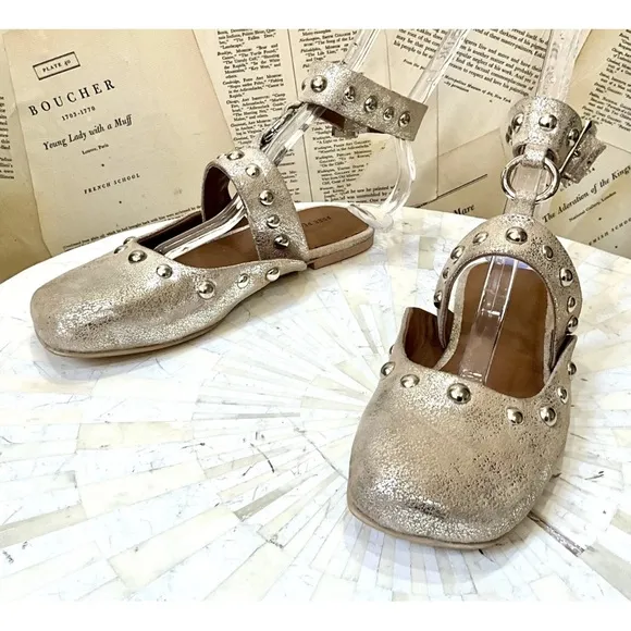 Free People Camilla Mystic O Ring Flats Ankle Strap Studded Champagne Foiled