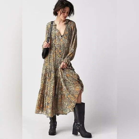 Free People-Feeling Groovie Long Sleeve Floral Maxi Dress Black Cambo Size M NWT