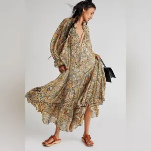 Free People-Feeling Groovie Long Sleeve Floral Maxi Dress Black Cambo Size M NWT