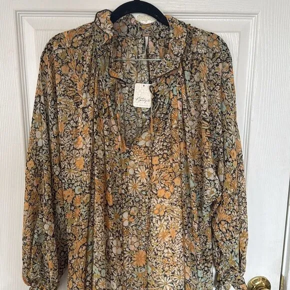 Free People-Feeling Groovie Long Sleeve Floral Maxi Dress Black Cambo Size M NWT
