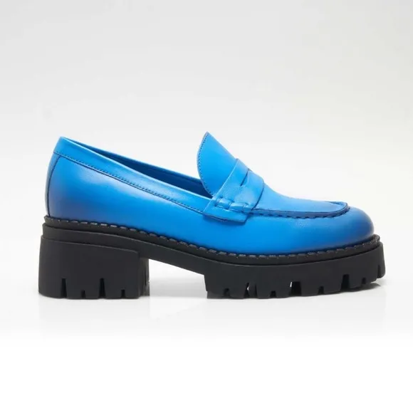 Free People Lyra Lug Sole Leather Loafers in Baywatch Blue size 38.5 New no Box