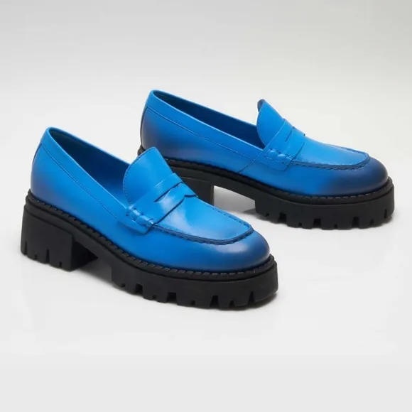 Free People Lyra Lug Sole Leather Loafers in Baywatch Blue size 38.5 New no Box