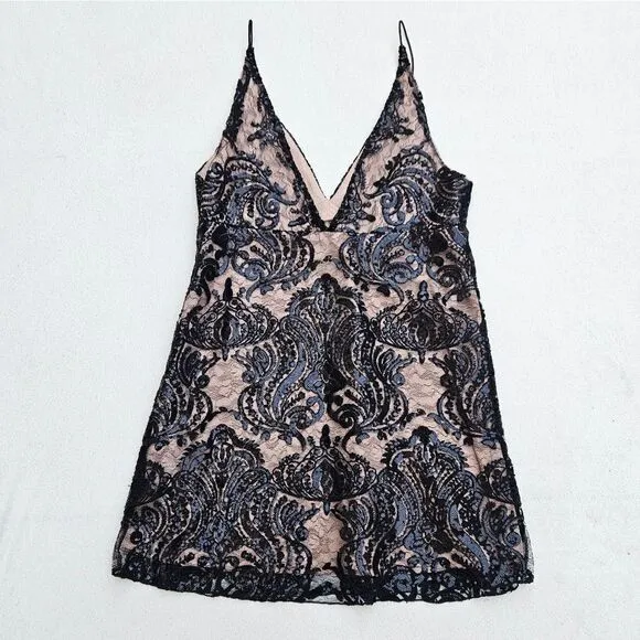 Free People Night Shimmers Lace Sequined Beige and Black Dress