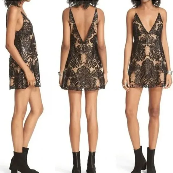 Free People Night Shimmers Lace Sequined Beige and Black Dress