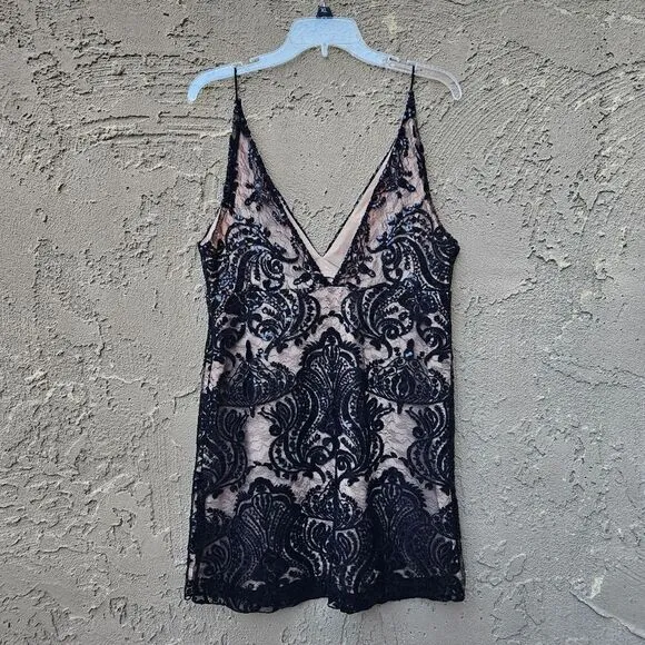 Free People Night Shimmers Lace Sequined Beige and Black Dress