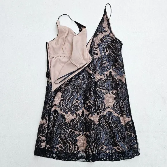 Free People Night Shimmers Lace Sequined Beige and Black Dress