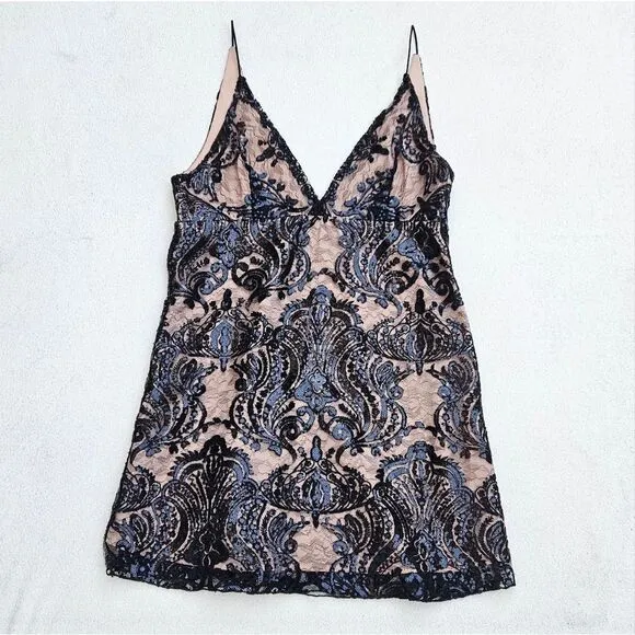 Free People Night Shimmers Lace Sequined Beige and Black Dress