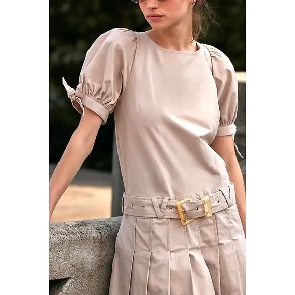 Free People Sevi Mini Dress Puff Sleeve Editorialist In French Oak Size S NWOT