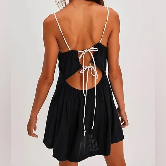 Free People Tate Tunic Black Mini Dress Open Back Lace Up NWOT