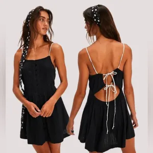 Free People Tate Tunic Black Mini Dress Open Back Lace Up NWOT
