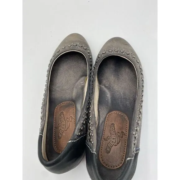 Freebird Women's Blossom Leather Studded‎ Flats Gunmetal Grey Size 6