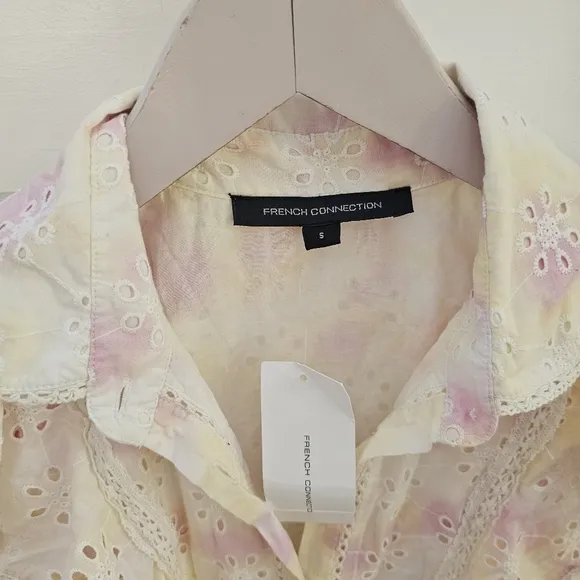 French Connection Women's Duna Lawn Embroidery dress in yellow pink tie dye sz S