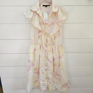 French Connection Women's Duna Lawn Embroidery dress in yellow pink tie dye sz S