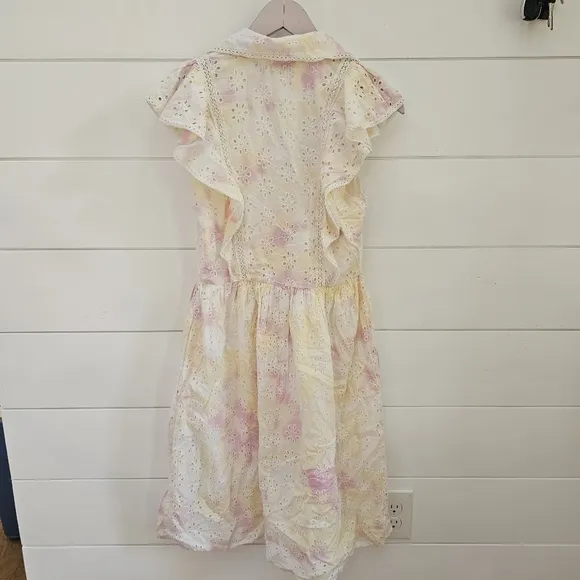 French Connection Women's Duna Lawn Embroidery dress in yellow pink tie dye sz S