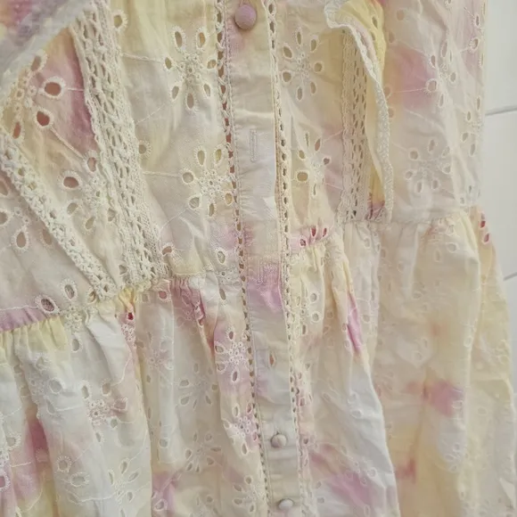 French Connection Women's Duna Lawn Embroidery dress in yellow pink tie dye sz S