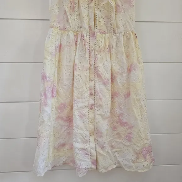 French Connection Women's Duna Lawn Embroidery dress in yellow pink tie dye sz S