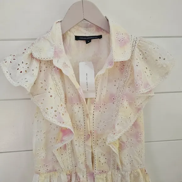 French Connection Women's Duna Lawn Embroidery dress in yellow pink tie dye sz S