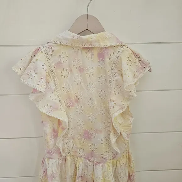 French Connection Women's Duna Lawn Embroidery dress in yellow pink tie dye sz S