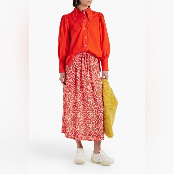 Ganni Orange Floral Printed Crepe Midi Skirt Sz 40/L
