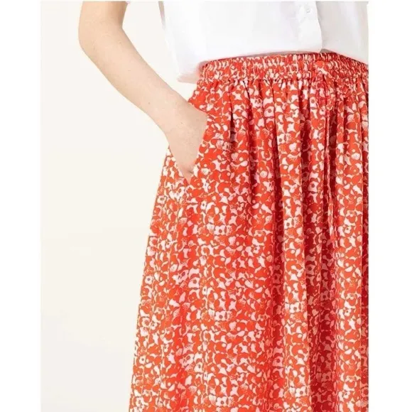 Ganni Orange Floral Printed Crepe Midi Skirt Sz 40/L