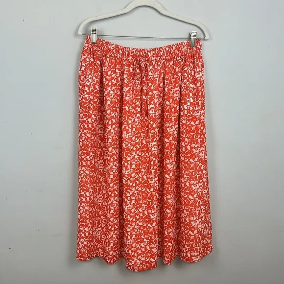 Ganni Orange Floral Printed Crepe Midi Skirt Sz 40/L