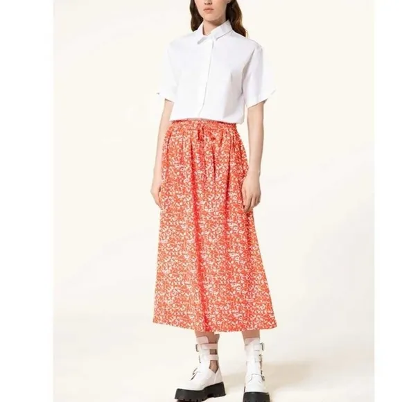 Ganni Orange Floral Printed Crepe Midi Skirt Sz 40/L