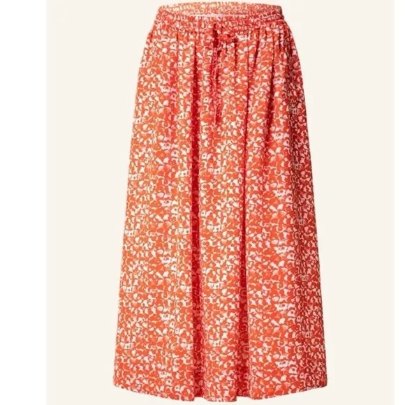 Ganni Orange Floral Printed Crepe Midi Skirt Sz 40/L