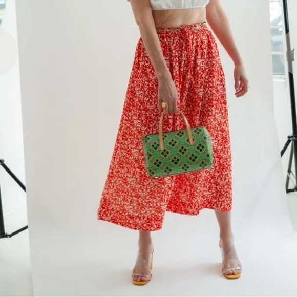 Ganni Orange Floral Printed Crepe Midi Skirt Sz 40/L