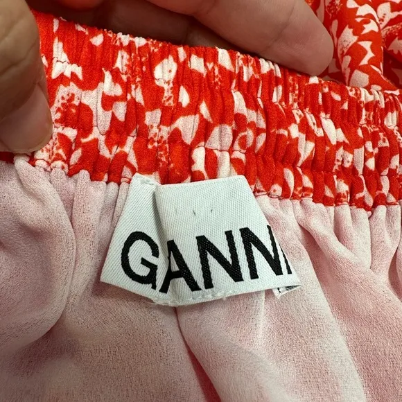 Ganni Orange Floral Printed Crepe Midi Skirt Sz 40/L