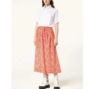 Ganni Orange Floral Printed Crepe Midi Skirt Sz 40/L