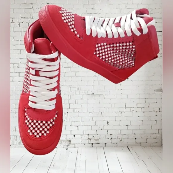Gianni Bini 10 Red Evie Bling Rhinestone Leather High Top Fashion Sneakers