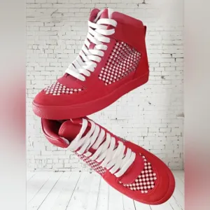 Gianni Bini 10 Red Evie Bling Rhinestone Leather High Top Fashion Sneakers