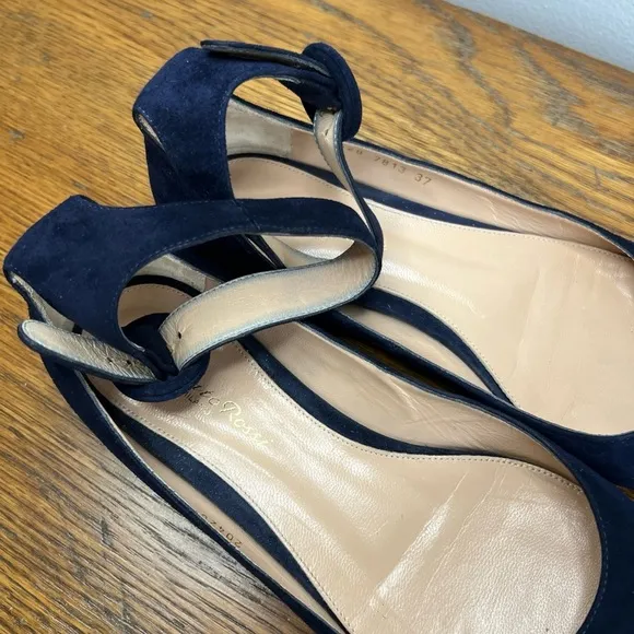 GIANVITO ROSSI Size 37 • Navy Blue Ankle Strap Suede Flats.