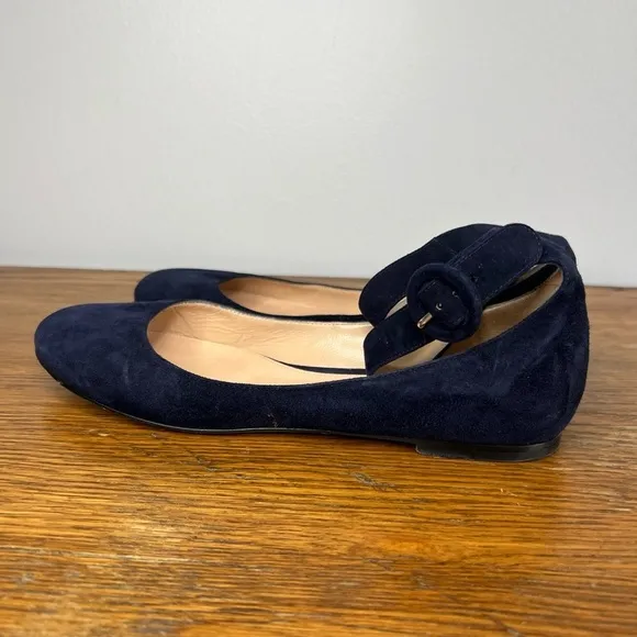 GIANVITO ROSSI Size 37 • Navy Blue Ankle Strap Suede Flats.