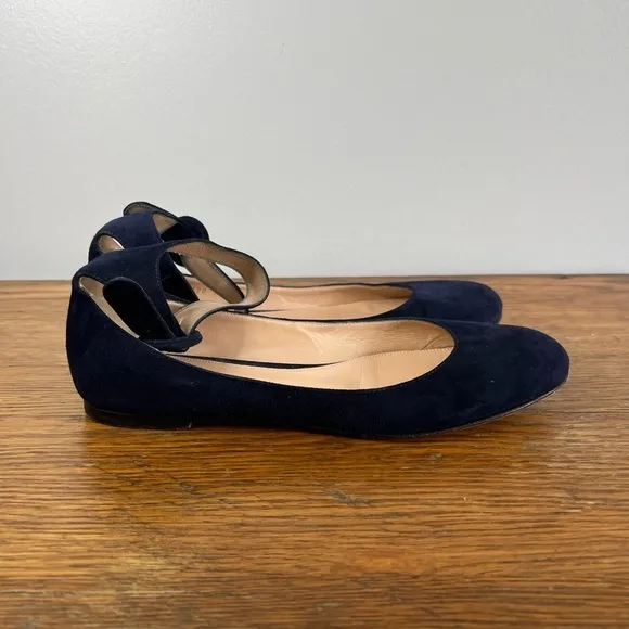 GIANVITO ROSSI Size 37 • Navy Blue Ankle Strap Suede Flats.