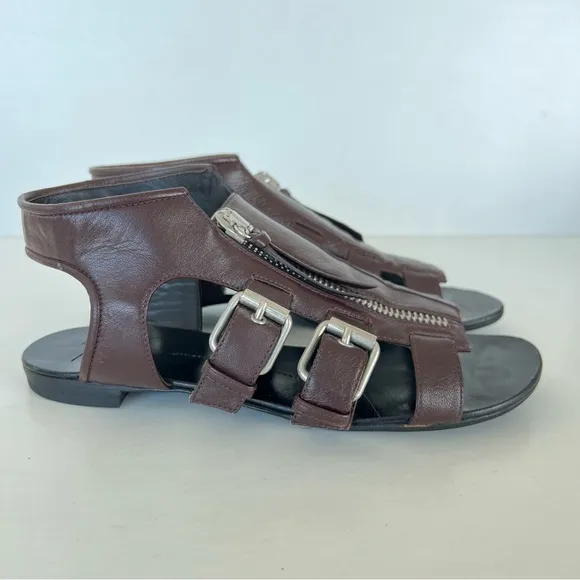 GIUSEPPE ZANOTTI Gladiator Burgundy Leather Buckle Strap Flats Sandals Sz 40