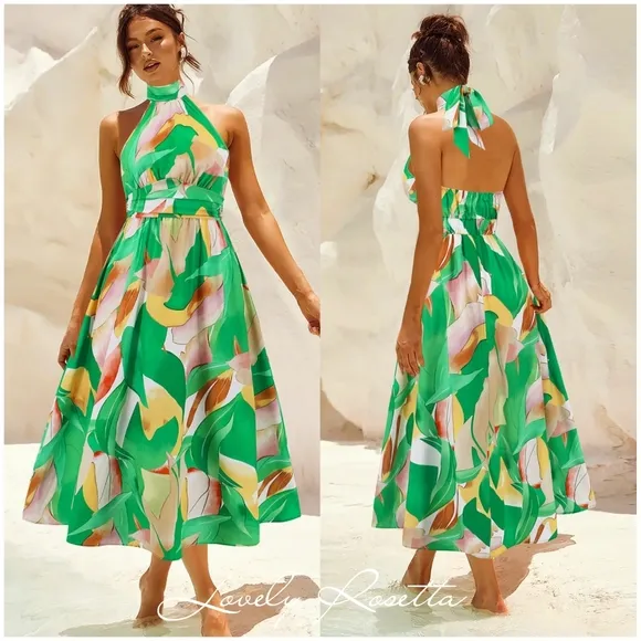 Green Floral Halter Necki Dress