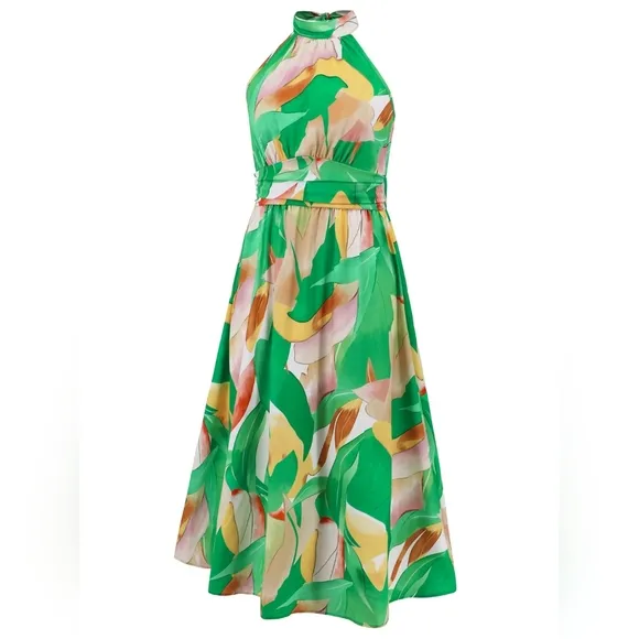 Green Floral Halter Necki Dress