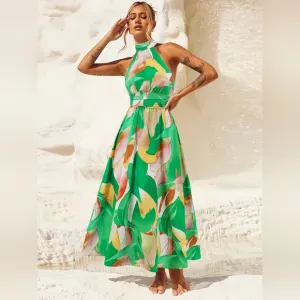 Green Floral Halter Necki Dress