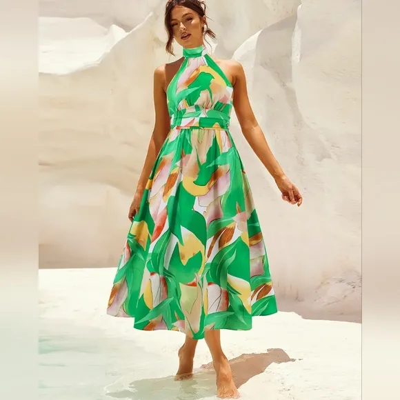 Green Floral Halter Necki Dress