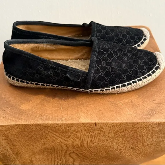 Gucci Black Suede Microguccissima Micro GG Logo Espadrille Flats Sandals US 6
