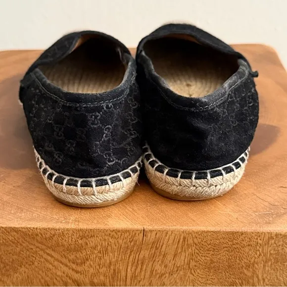 Gucci Black Suede Microguccissima Micro GG Logo Espadrille Flats Sandals US 6